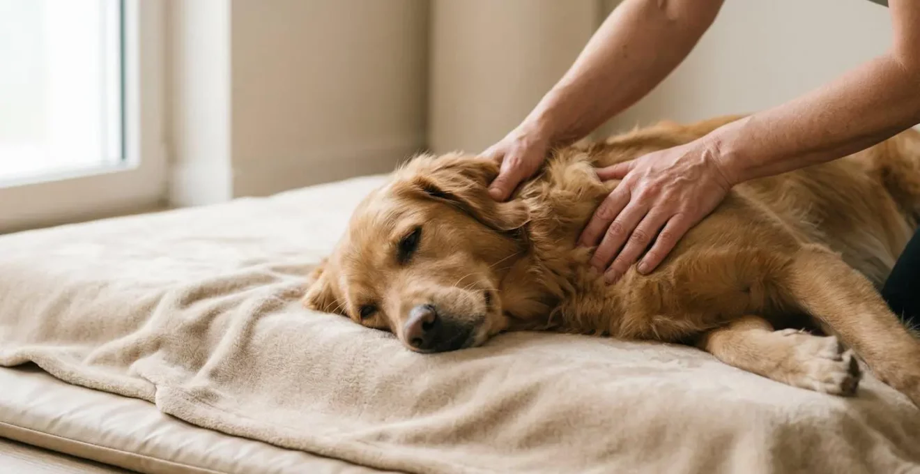 Mains humaines pratiquant un massage relaxant sur un chien détendu dans un environnement apaisant