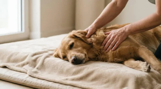 Mains humaines pratiquant un massage relaxant sur un chien détendu dans un environnement apaisant