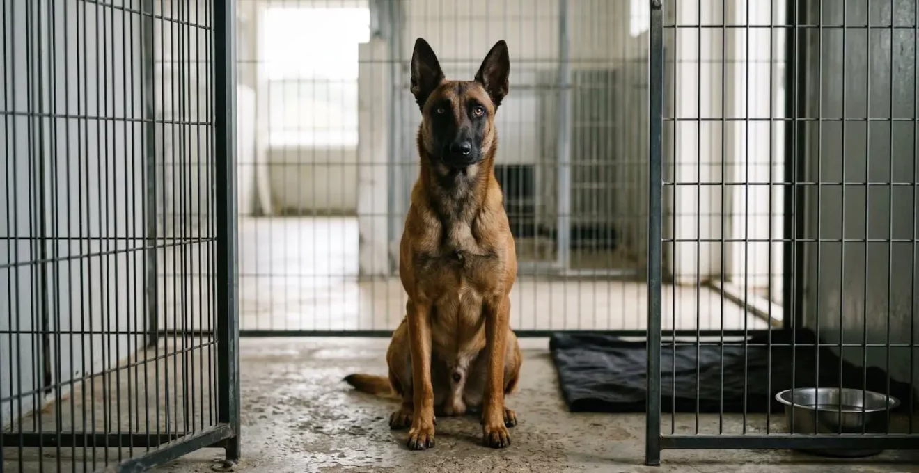 Berger malinois seul dans un box de refuge illustrant le problème d'abandon des races puissantes