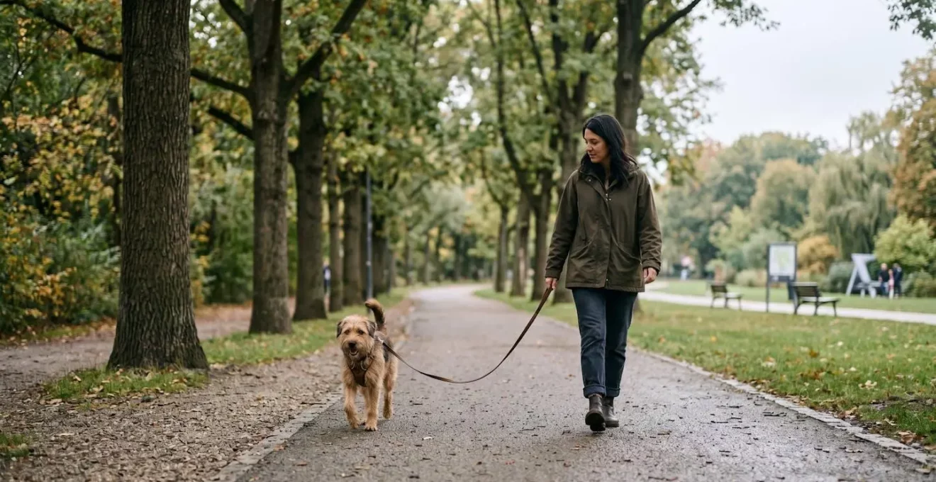 Chien marchant calmement à côté de son maître avec une laisse détendue lors d'une promenade