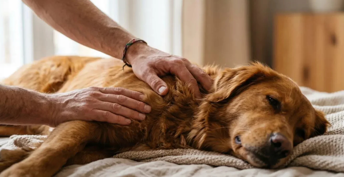 Mains effectuant un massage thérapeutique sur le dos d'un chien détendu