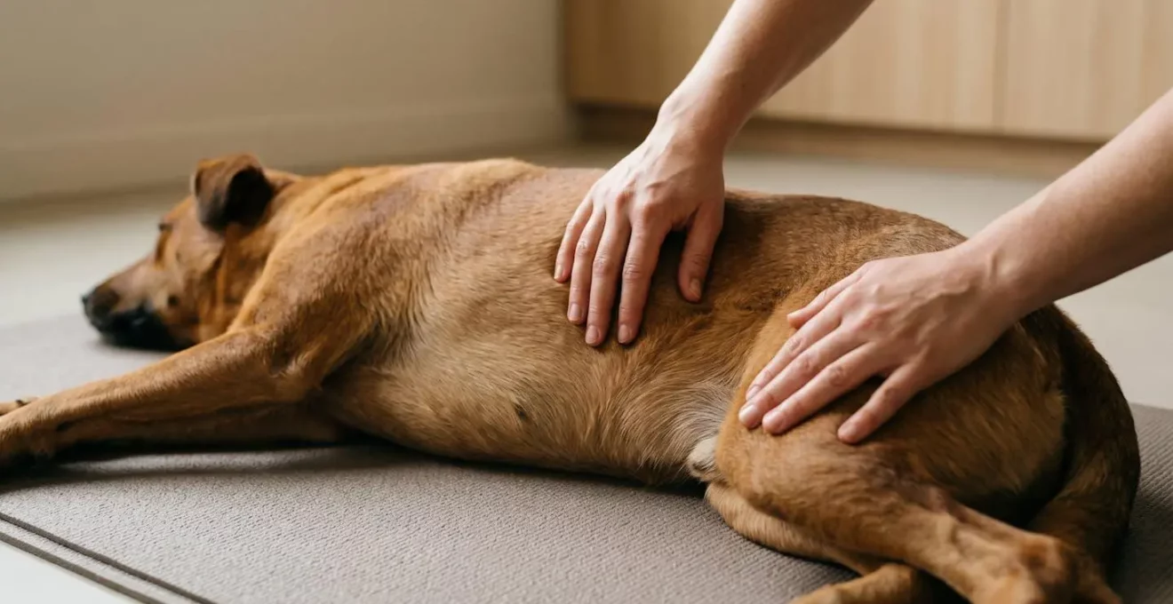 Mains effectuant un massage thérapeutique profond sur les muscles des cuisses et du dos d'un chien dans un environnement calme
