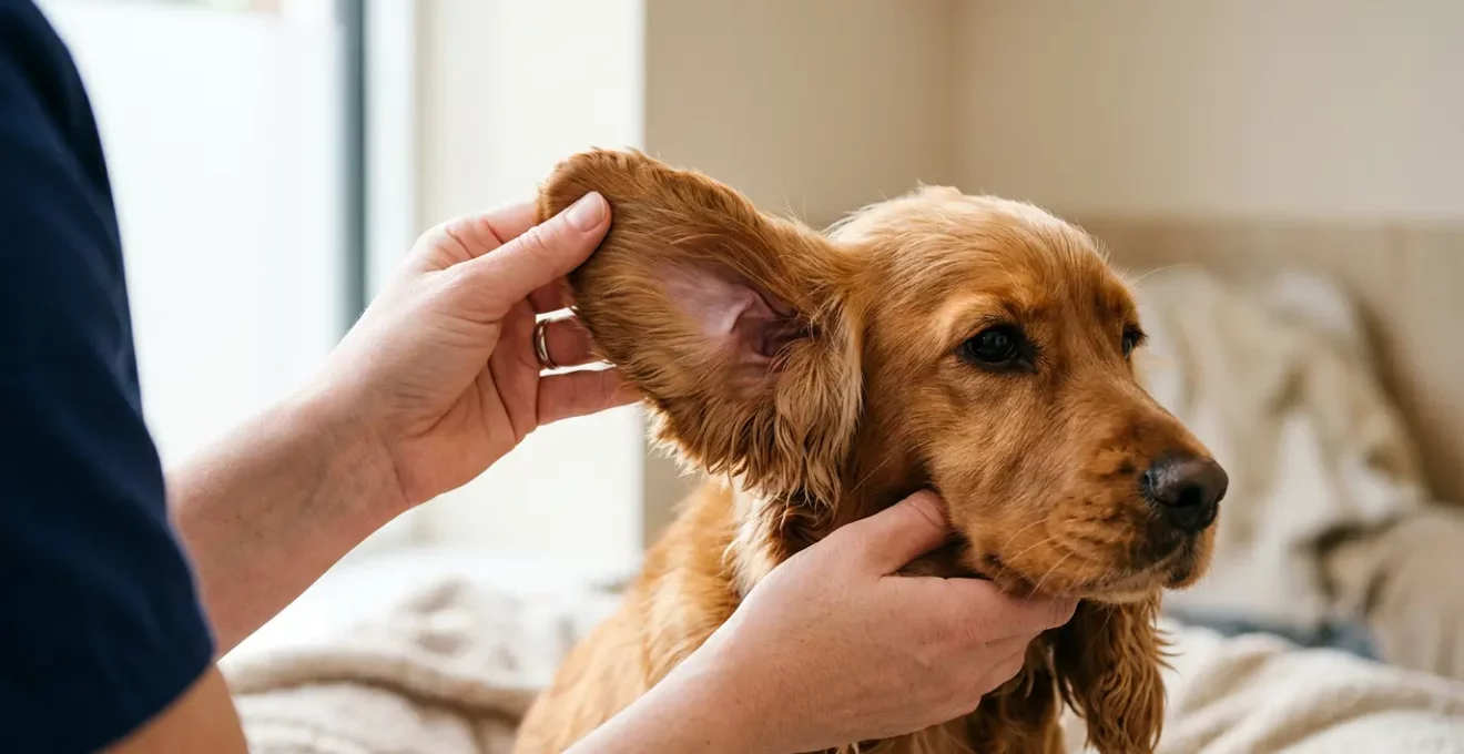 Soin auriculaire d'un chien illustrant l'anatomie du conduit auditif coudé