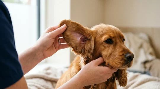 Soin auriculaire d'un chien illustrant l'anatomie du conduit auditif coudé