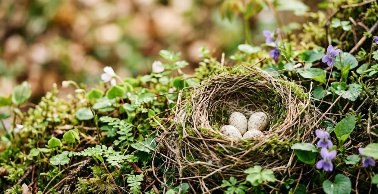 Illustration de la période de nidification des oiseaux au printemps en forêt française, montrant un nid fragile au sol.