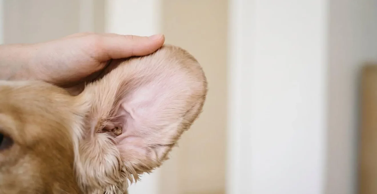 Vue de l'intérieur d'une oreille saine de chien avec pavillon rose pâle et propre, symbole d'un écosystème équilibré