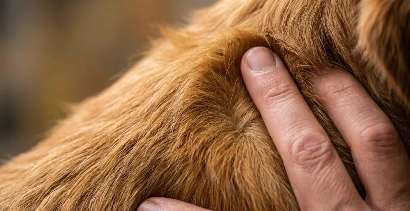 Gros plan macro sur les mains palpant délicatement les muscles du dos d'un chien pour détecter les tensions musculaires