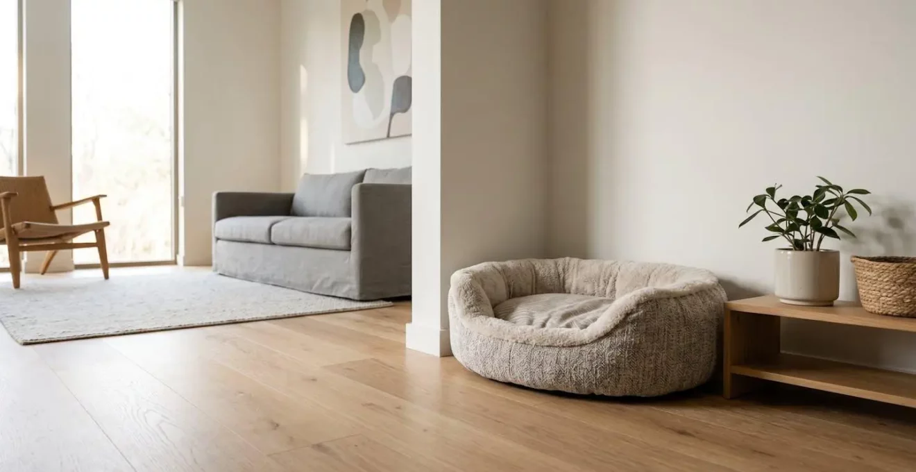 Panier pour chien installé dans un coin calme d'un salon avec lumière naturelle douce