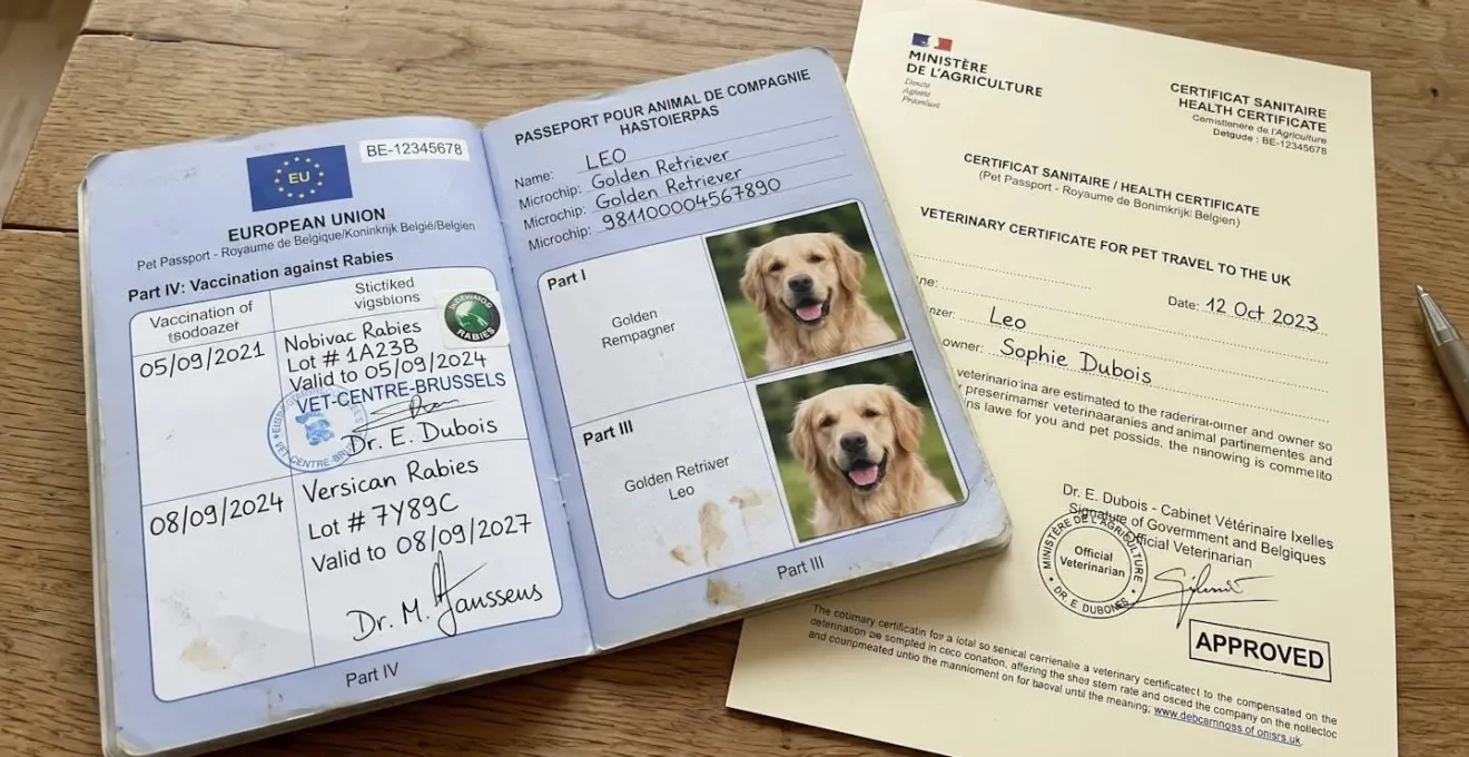 Main tenant un passeport européen pour animal avec tampons et certificats vétérinaires visibles