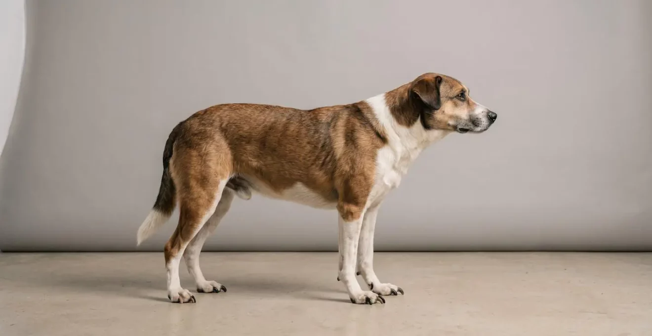 Vue latérale d'un chien en position debout montrant l'angle modifié de la patte causé par des griffes trop longues touchant le sol
