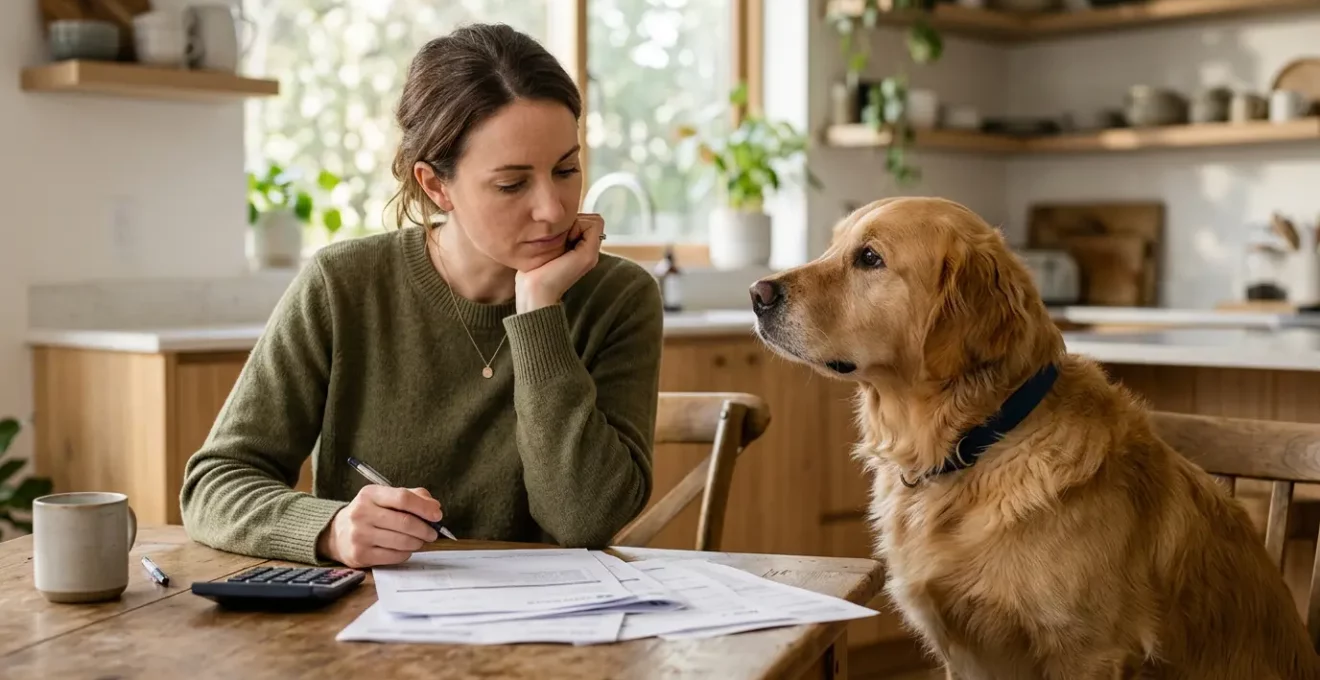 Personne analysant des factures vétérinaires avec son chien à ses côtés dans un intérieur lumineux