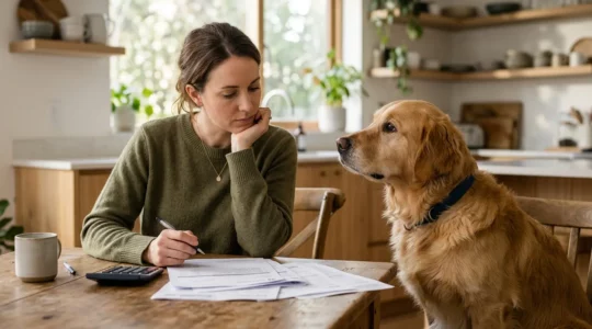 Personne analysant des factures vétérinaires avec son chien à ses côtés dans un intérieur lumineux