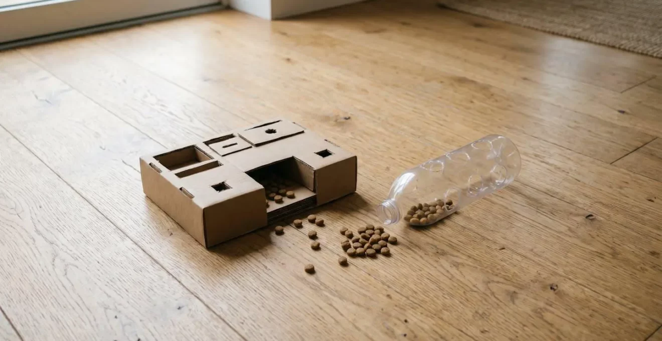 Puzzle fait maison pour chien avec bouteille en plastique et carton sur fond minimaliste
