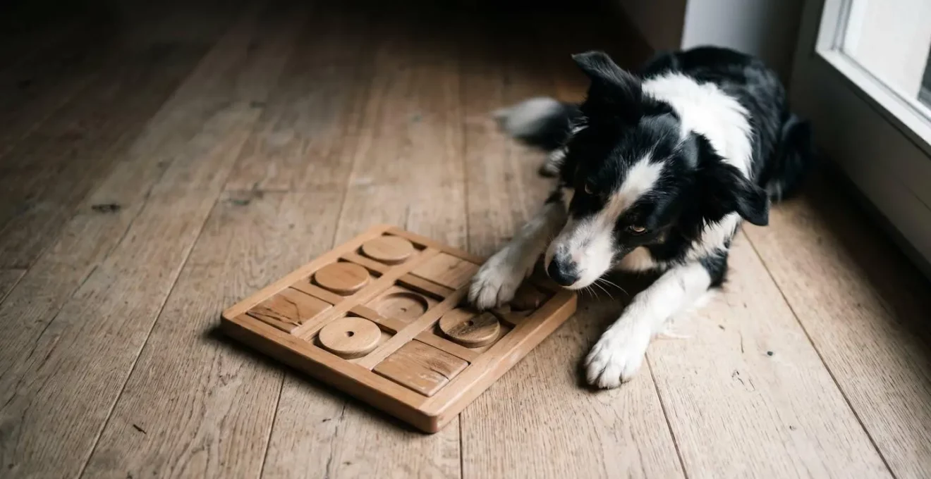 Chien résolvant un puzzle d'intelligence avec concentration et engagement mental