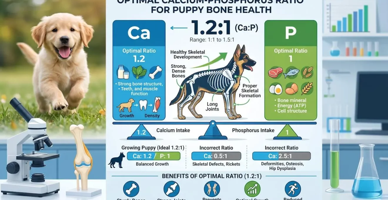 Représentation visuelle du ratio calcium phosphore optimal pour la santé osseuse du chiot