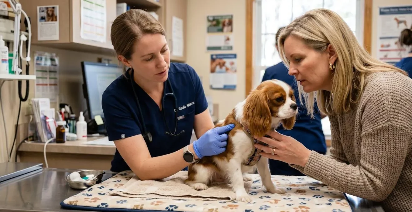 Vétérinaire examinant délicatement la zone d'injection sur l'épaule d'un petit chien avec le propriétaire attentif à côté