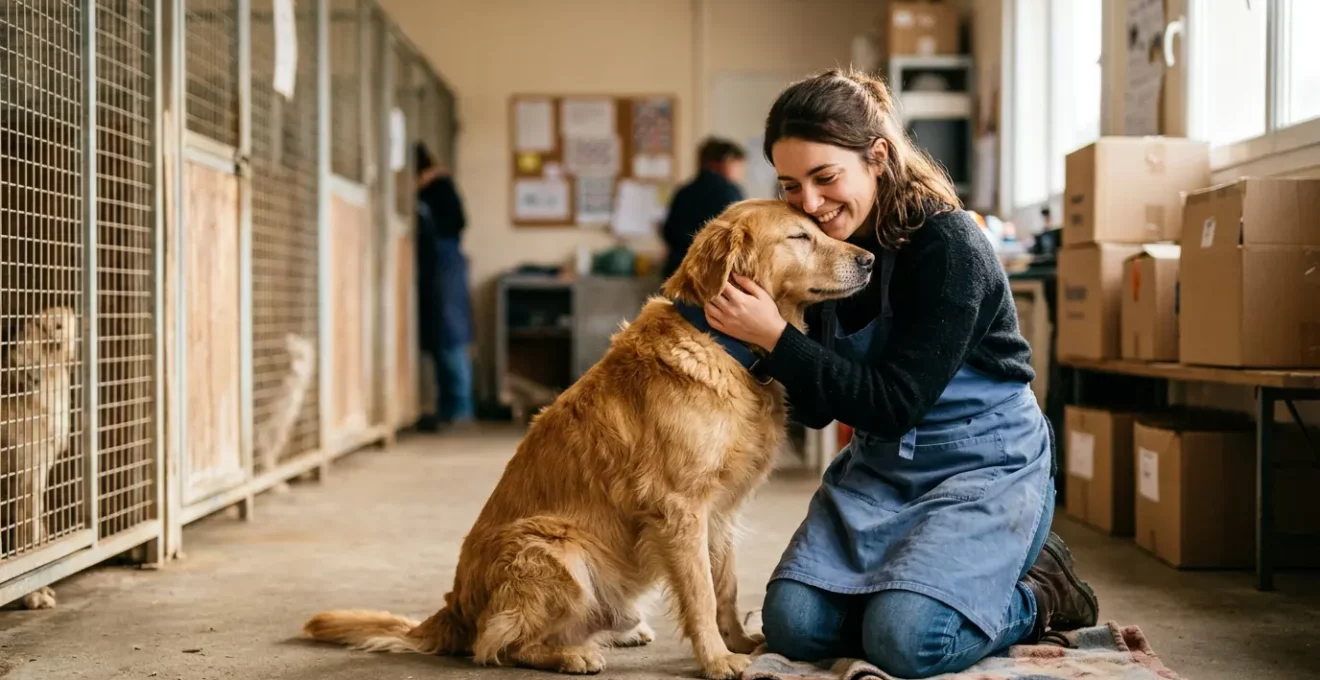 Bénévole caressant un chien dans un refuge français avec formulaires de dons en arrière-plan flou