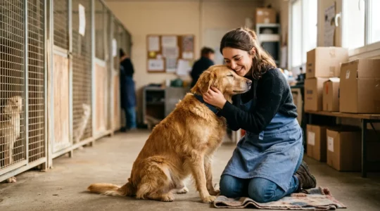 Bénévole caressant un chien dans un refuge français avec formulaires de dons en arrière-plan flou