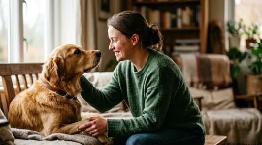 Moment de connexion intense entre un chien et son humain illustrant une relation fusionnelle au-delà de l'obéissance