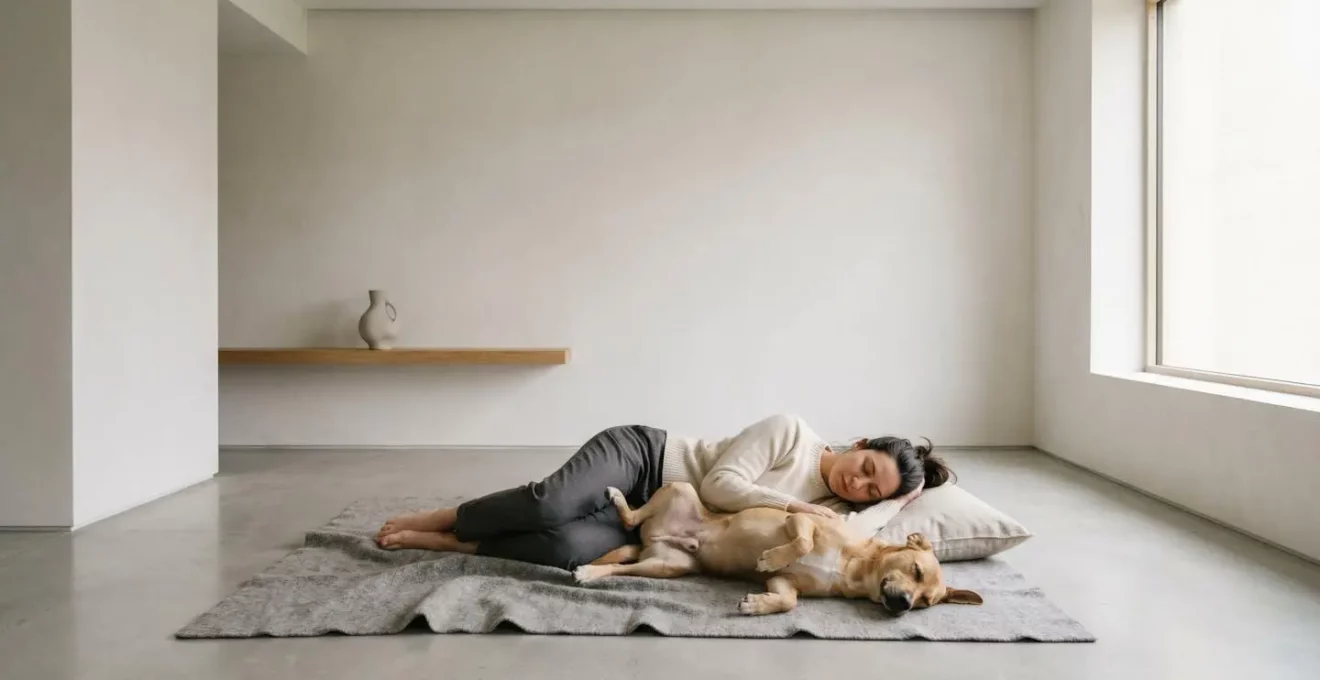 Moment de repos partagé entre un chien et son humain illustrant la co-régulation physiologique et la vulnérabilité mutuelle