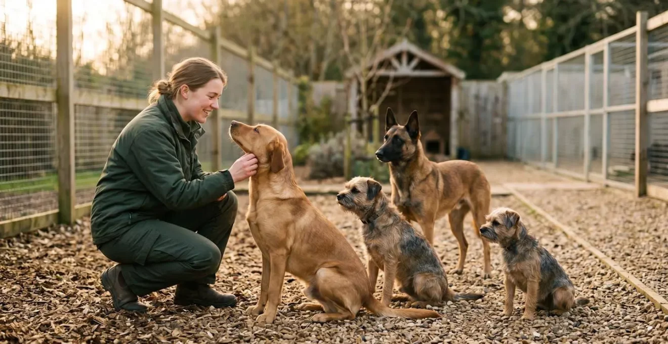 Soigneur professionnel interagissant calmement avec plusieurs chiens dans un environnement de pension canine sécurisé