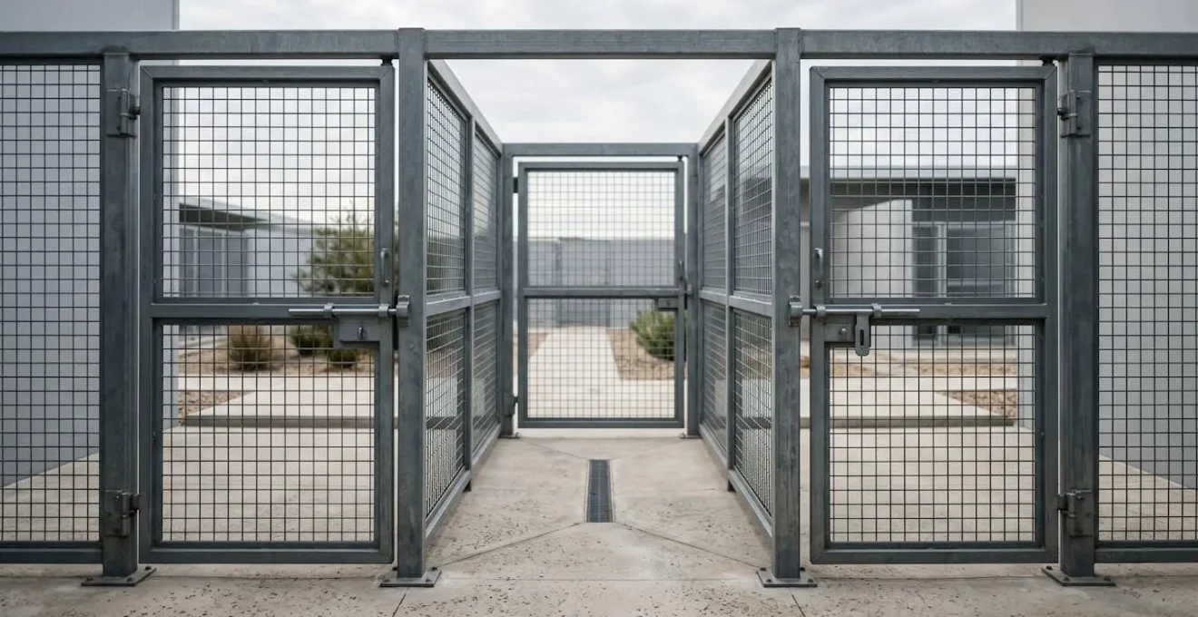 Système de sécurité à double porte avec sas anti-fugue dans une pension canine professionnelle moderne