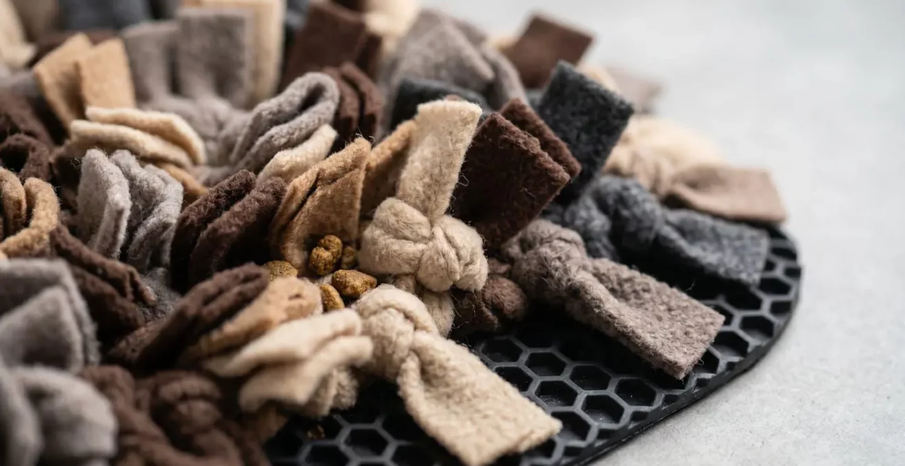 Vue détaillée d'un tapis de fouille artisanal avec textures de tissus variées