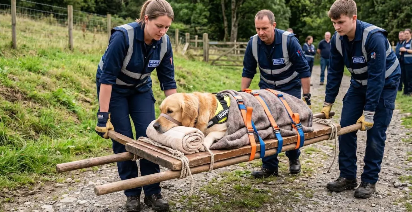 Démonstration du transport sécurisé d'un chien blessé sur support rigide improvisé