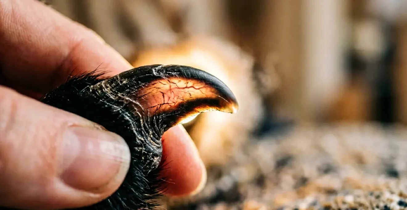 Vue rapprochée d'une patte de chien aux griffes noires illuminée par une lampe torche pour révéler la pulpe interne