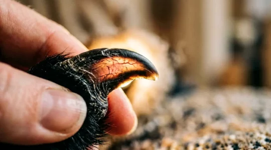 Vue rapprochée d'une patte de chien aux griffes noires illuminée par une lampe torche pour révéler la pulpe interne