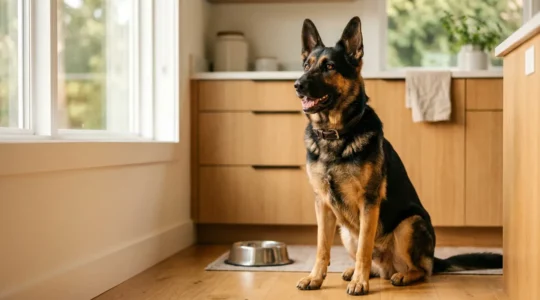 Chien en bonne santé profitant d'une alimentation BARF naturelle avec viande crue fraîche