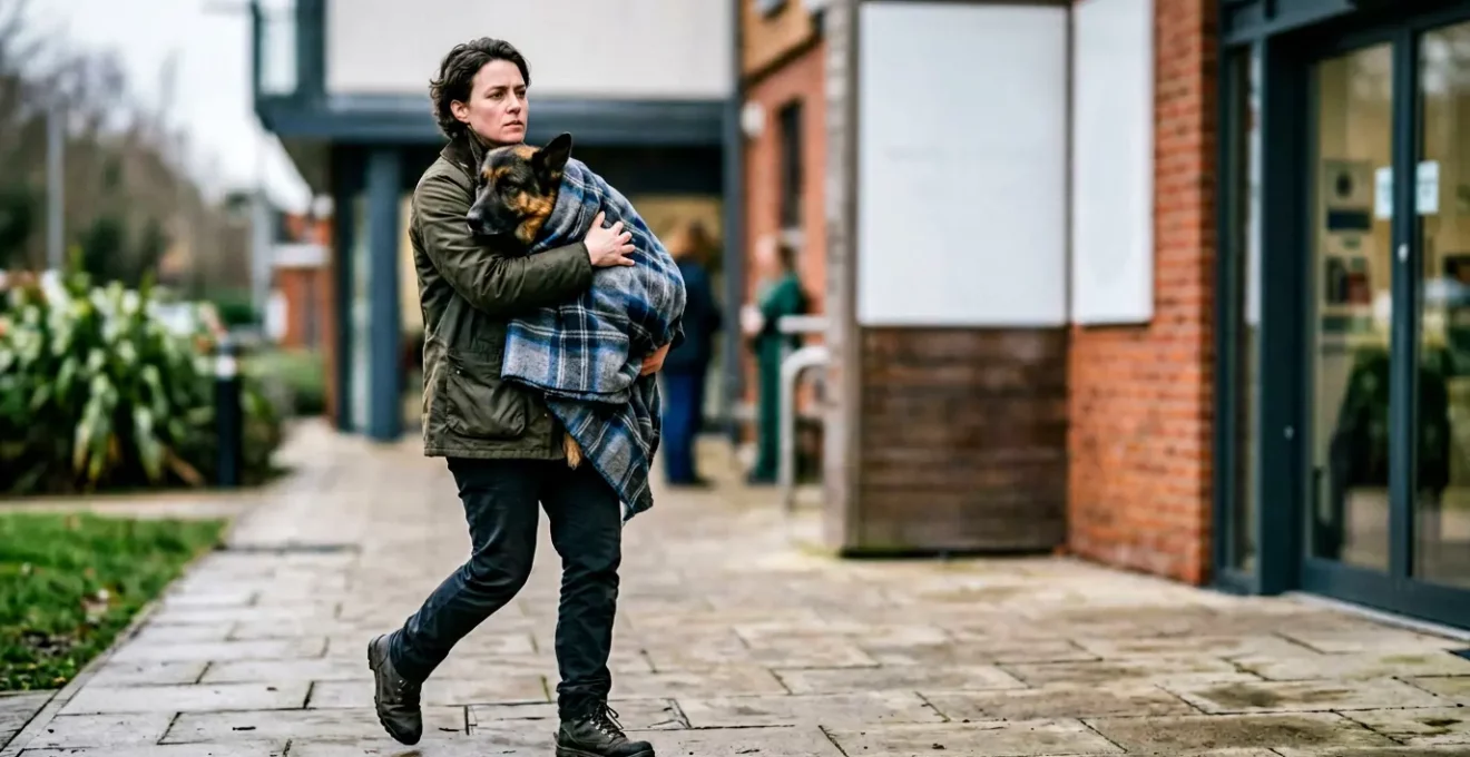 Propriétaire inquiet transportant délicatement un grand chien vers une clinique vétérinaire dans l'urgence