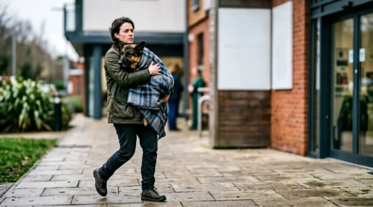 Propriétaire inquiet transportant délicatement un grand chien vers une clinique vétérinaire dans l'urgence