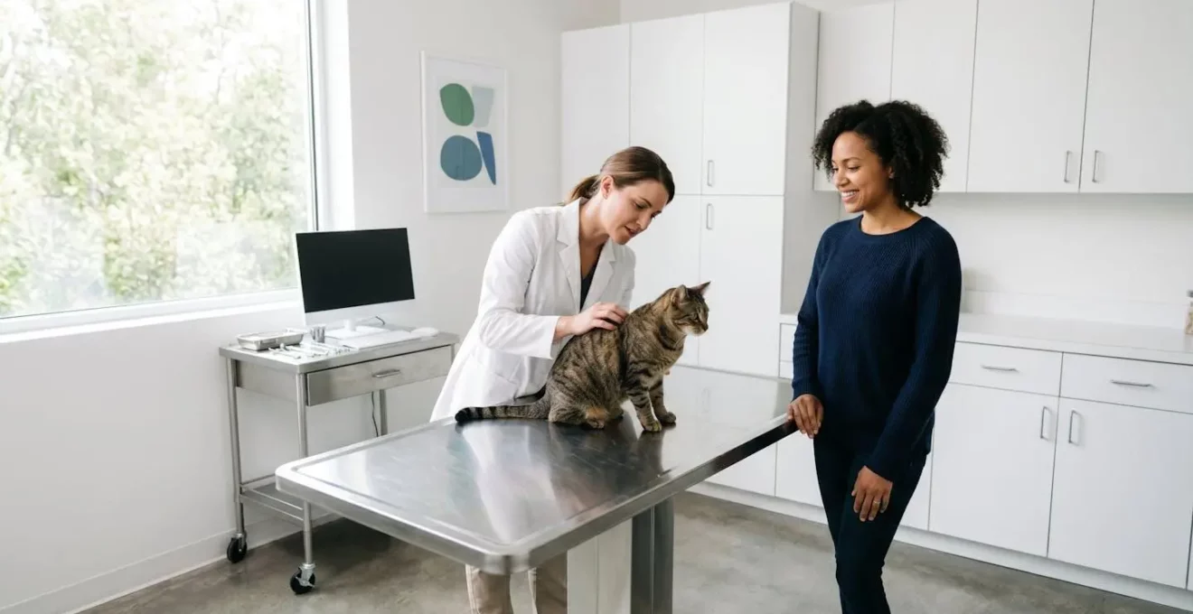 Vétérinaire examinant délicatement un chat sur une table d'examen dans une clinique lumineuse