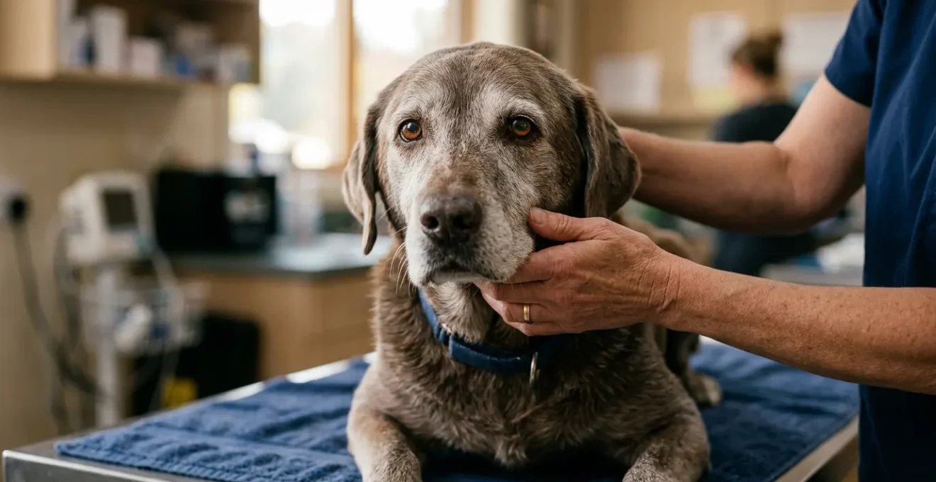 Chien âgé au regard inquiet dans un environnement vétérinaire apaisant illustrant la décision médicale difficile pour un détartrage sous anesthésie
