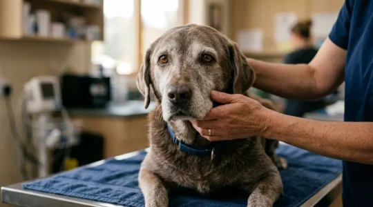 Chien âgé au regard inquiet dans un environnement vétérinaire apaisant illustrant la décision médicale difficile pour un détartrage sous anesthésie