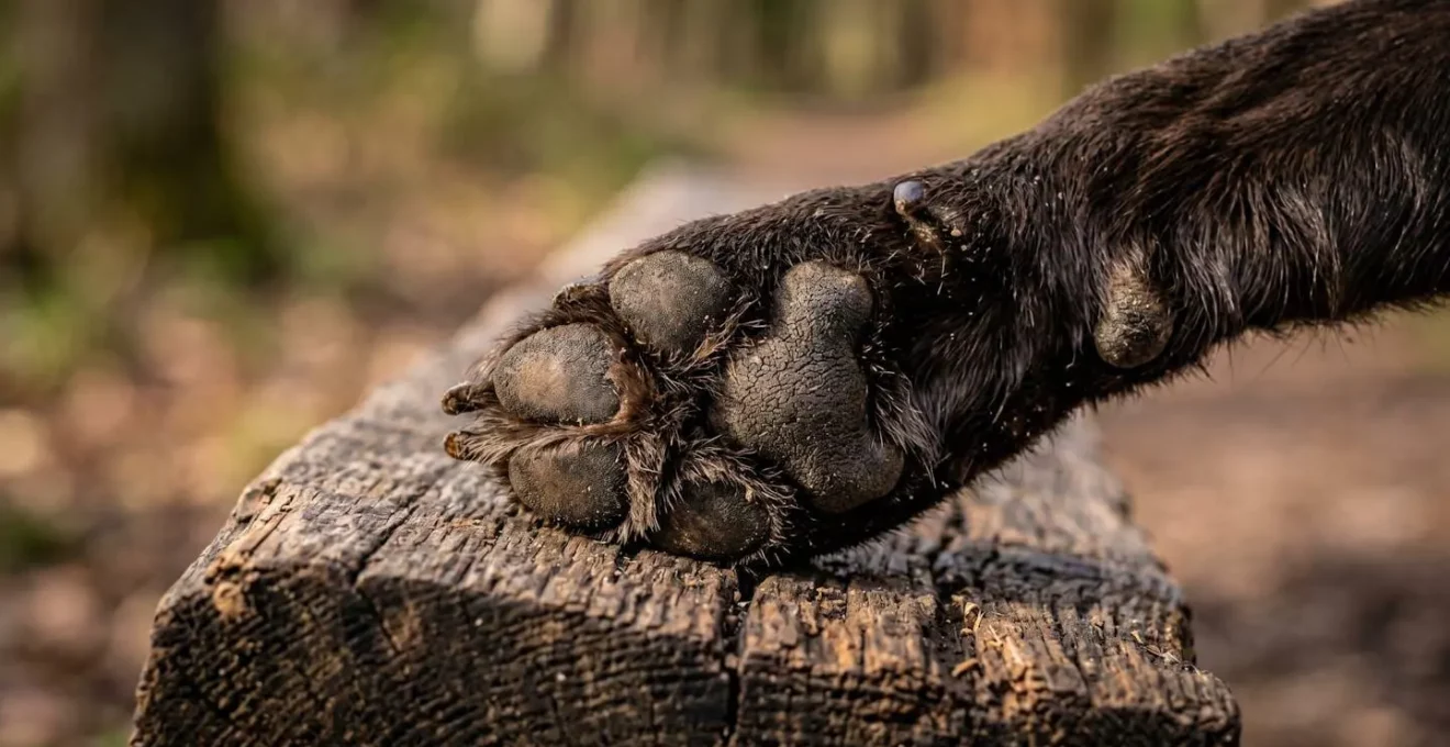 Gros plan sur les pattes d'un chien en équilibre sur une surface instable montrant la concentration physique