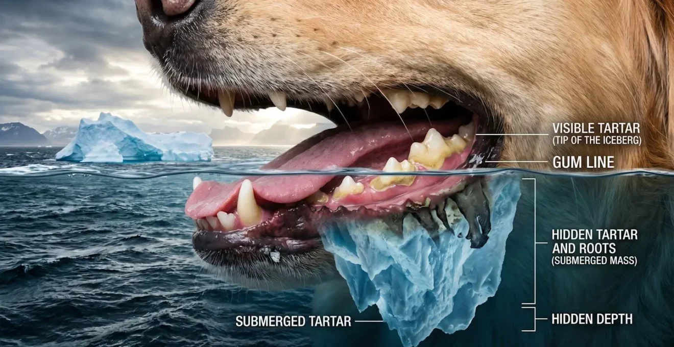 Métaphore visuelle montrant la profondeur cachée du tartre dentaire sous la gencive du chien comme un iceberg immergé